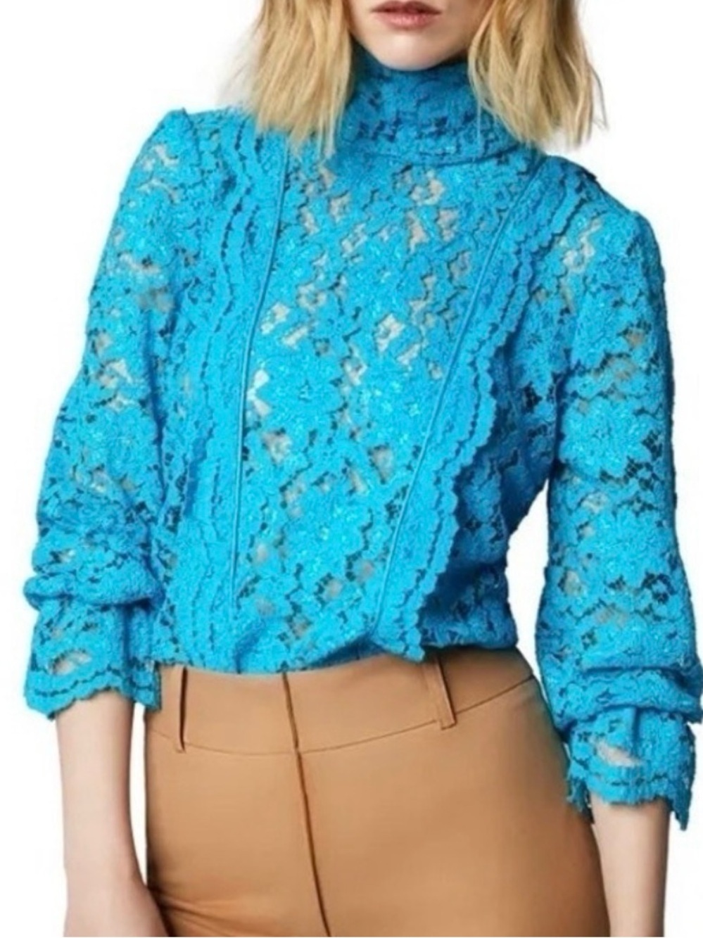 SMYTHE Scalloped Lace Turtleneck Top Womens SZ: XS Prussian Blue Floral NWOT